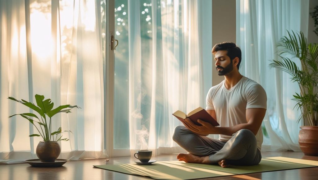 Achhi aadatein apnana, vyayam, kitab padhna, subah jaldi uthna, swasth jeevan, morning routine, meditation benefits, healthy lifestyle.