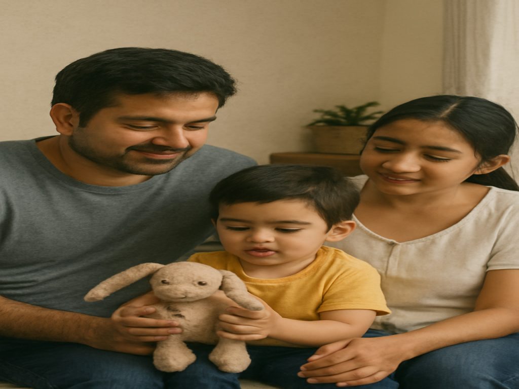 राघव अपने बच्चे और पत्नी के साथ मुस्कुराते हुए – पारिवारिक संतुलन का प्रतीक