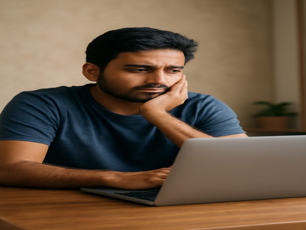 राघव अपने जीवन के लक्ष्यों के बारे में सोचते हुए लैपटॉप के सामने बैठा है।