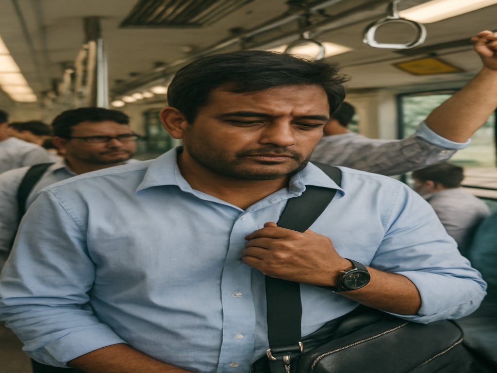 राघव भीड़ में ऑफिस के लिए सफर करते हुए – एक मध्यमवर्गीय संघर्ष की झलक
